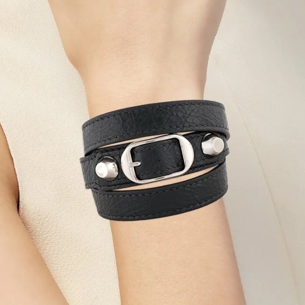Balenciaga Black Leather Double-Wrap Bracelet with Silver Hardware